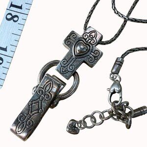 Brighton Badge Clip Lanyard Silver Cross Pendant Necklace With Intricate Heart D